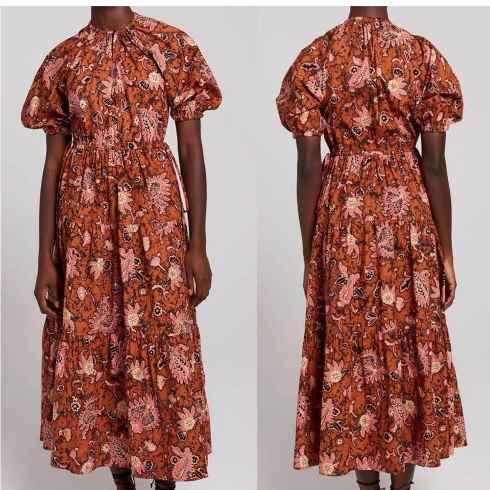 A.L.C. Cognac Floral Puff Sleeve Dress in Rust and Pink